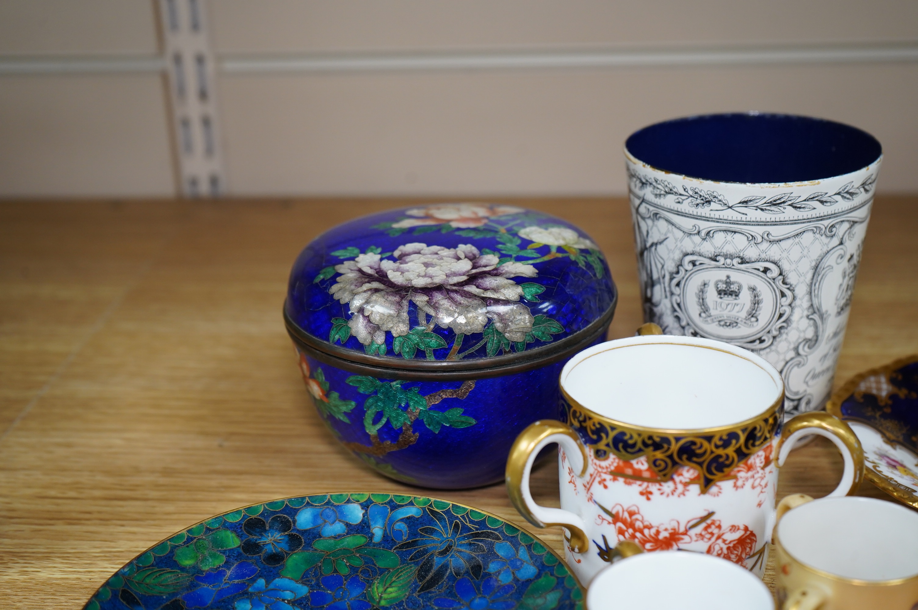 Porcelain and cloisonné ware to include a box and cover, a modern cloisonne dish, Royal crown Derby tygs and two cups and saucers, largest 10cm high. Condition - fair to good